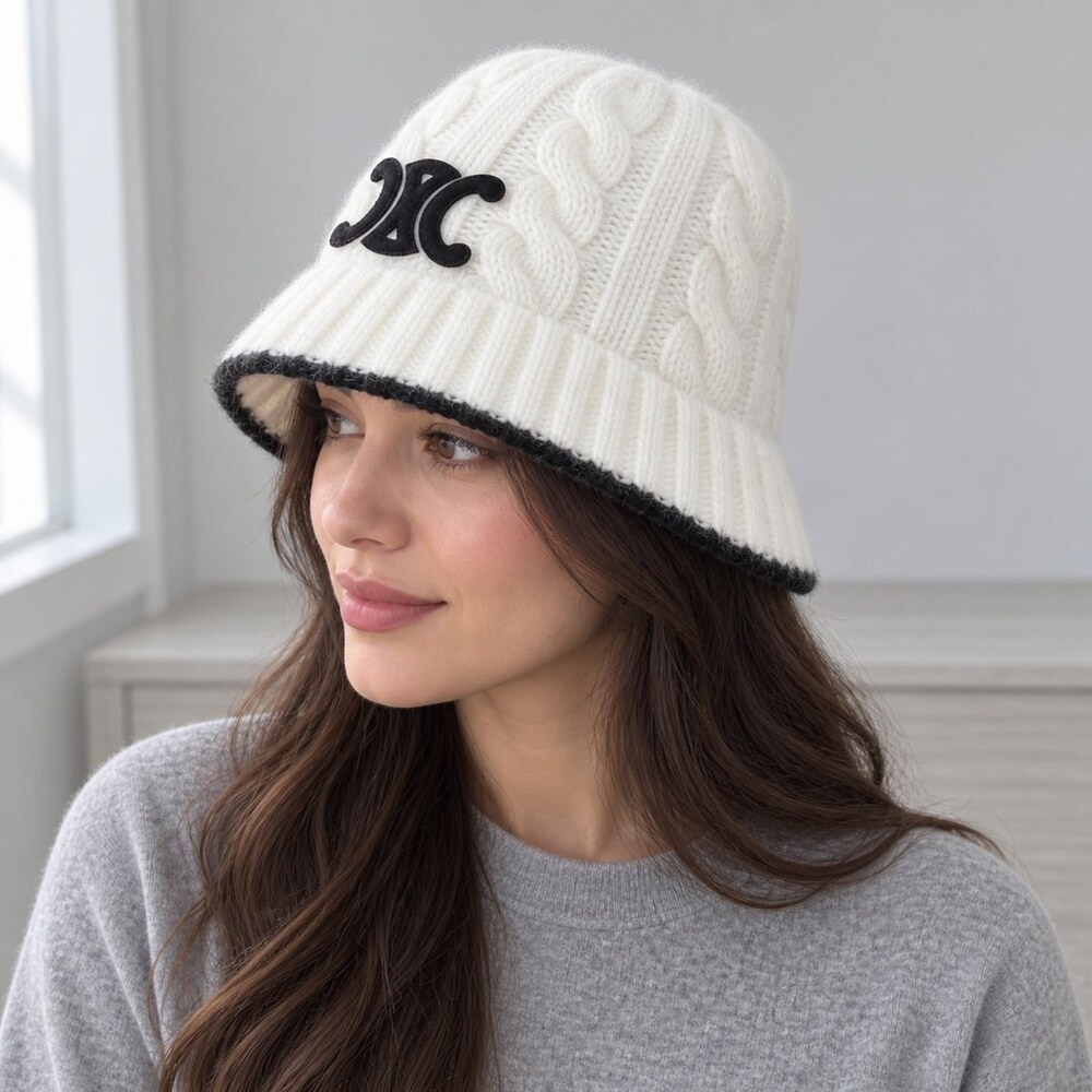 CELINE White Triomphe Knit Bucket Beanie - Picture 3 of 6